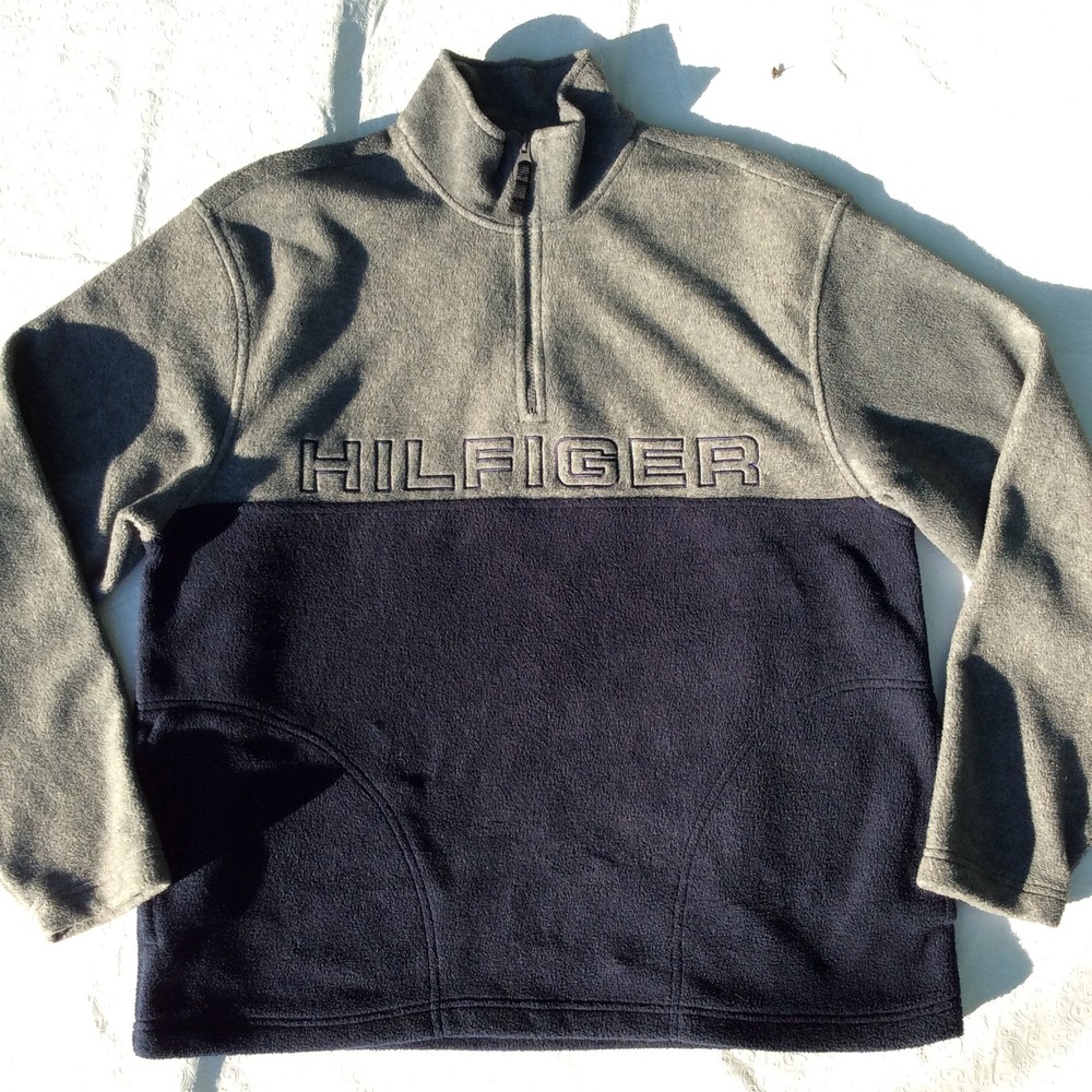 Tommy Hilfiger Fleece Pullover Men's Sz L Blue Gray 1/4 Zip Colorblock Mock Neck
