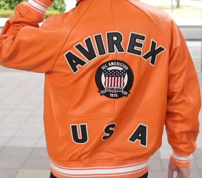 Avirex Mens Orange Cowhide Leather Bomber Jacket Flight Style