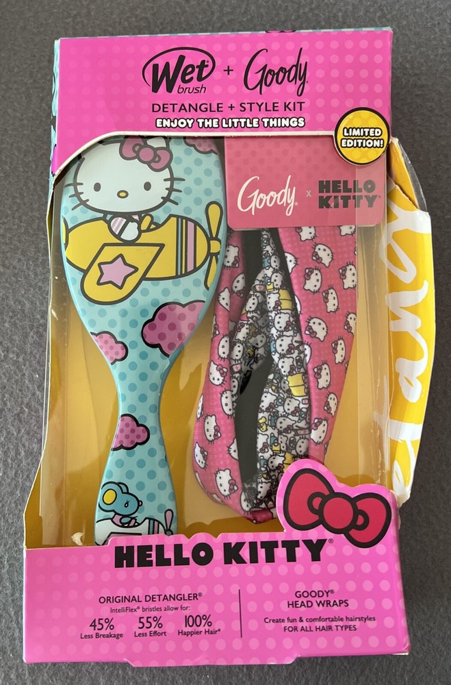 Hello Kitty Wet Brush Detangler + Goody Style Kit Head Wraps Limited Edition NIB