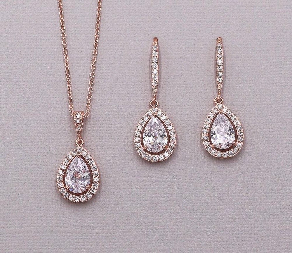 14K Rose Gold Plated In Pear Cut Simulated Diamond Bridal Necklace & Earring Set
