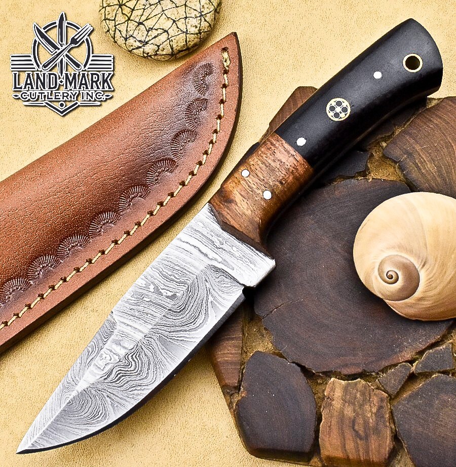 Custom Damascus Hunting Skinner Knife with Wood Handle
