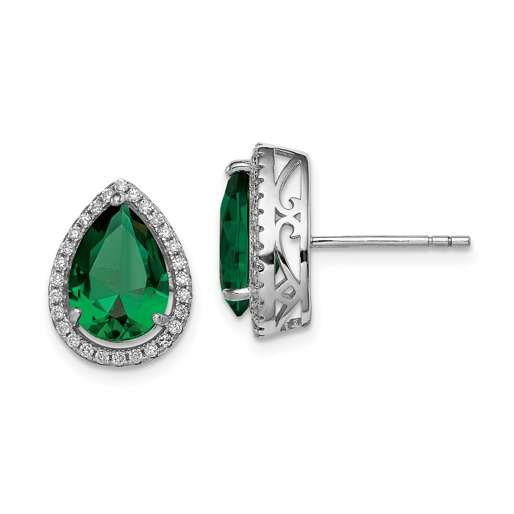 Sterling Silver Rhodium Plated Emerald & CZ Stud Earrings 2.35g