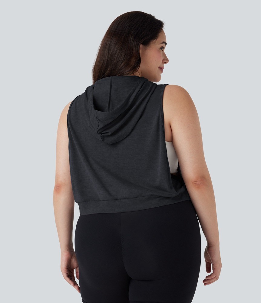 Halara Hooded Drawstring Sleeveless Cropped Tank Women’s XL Black Running Gym