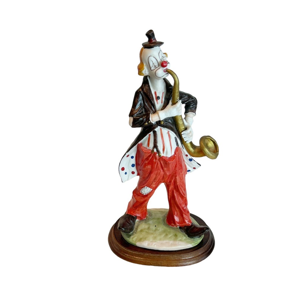 Vintage Hand-Painted Alabastro Clown Saxophone Figurine on Wooden Base 12 Inch