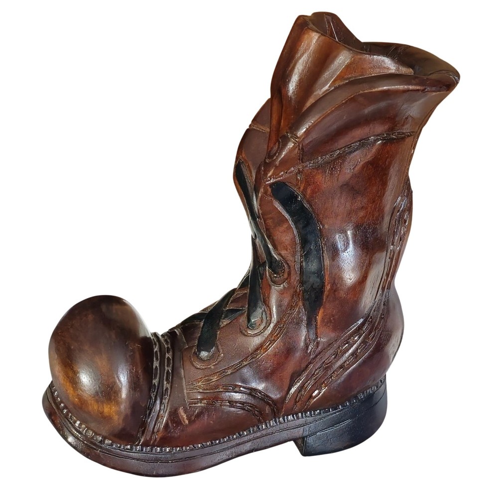 Antique Hand-Carved Wooden Boot Pipe Holder Folk Art Sculpture 7.5x9 Inches