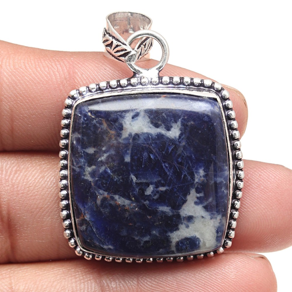 Sodalite Gemstone Pendant Silver Ethnic Valentine Jewelry 2.5 Inch
