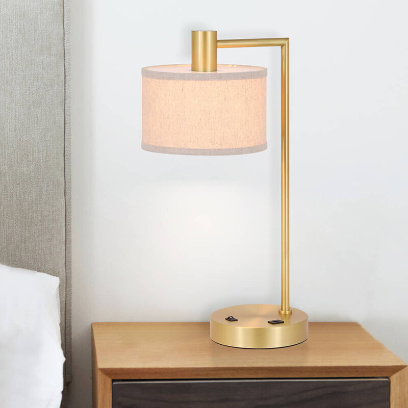USB Desk Lamp with Fabric Shade, Modern Bedside Iron Lamp Satin Brass Finish