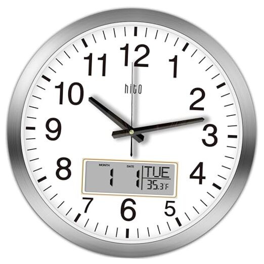 14 Inch Silent Silver LCD Wall Clock with Temperature Display - Battery Operated