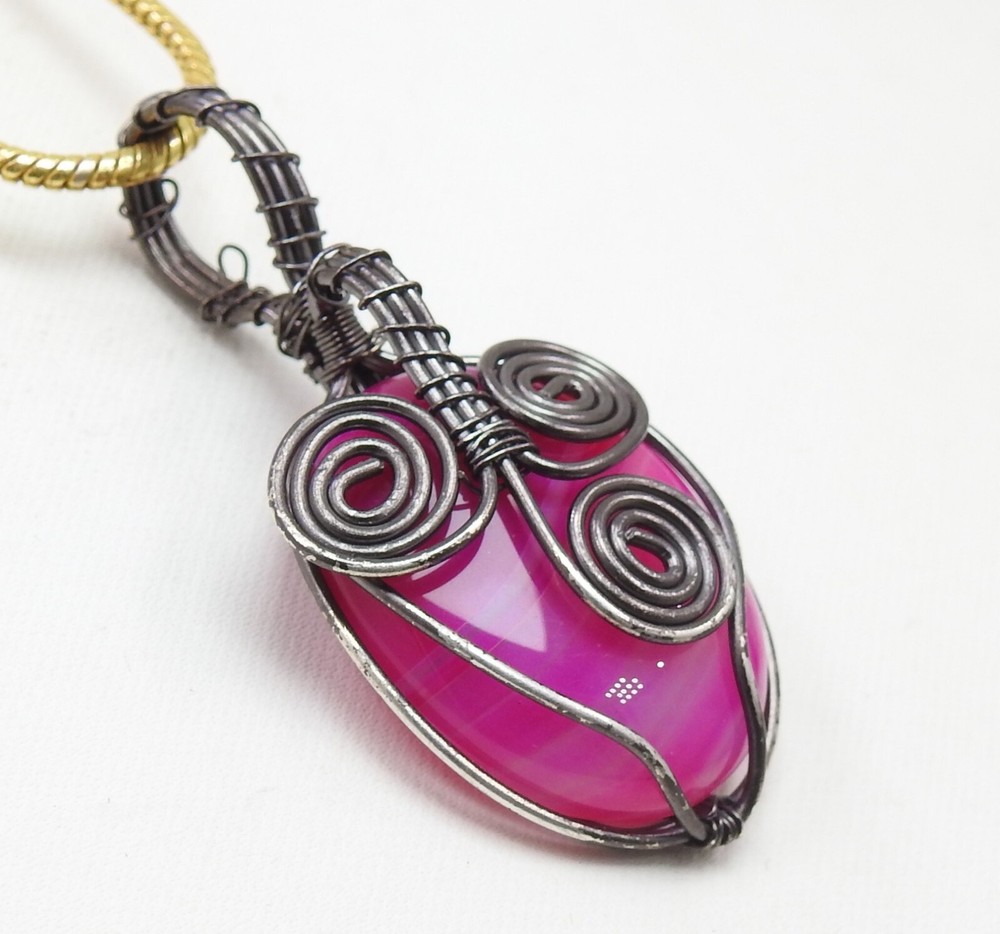Pink Strip Agate Brass Pendant Silver Oxidised Polished Wire Wrapped Jewelry
