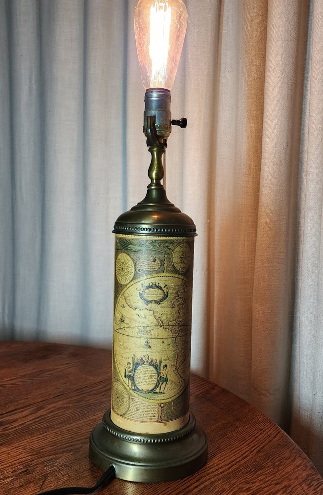 Vintage Brass Table Lamp Wrapped With Old World Map Paper Tested And Works