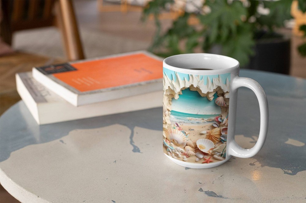 3D Beach Vacation Mug for Coffee or Tea with Summer Sand Design
