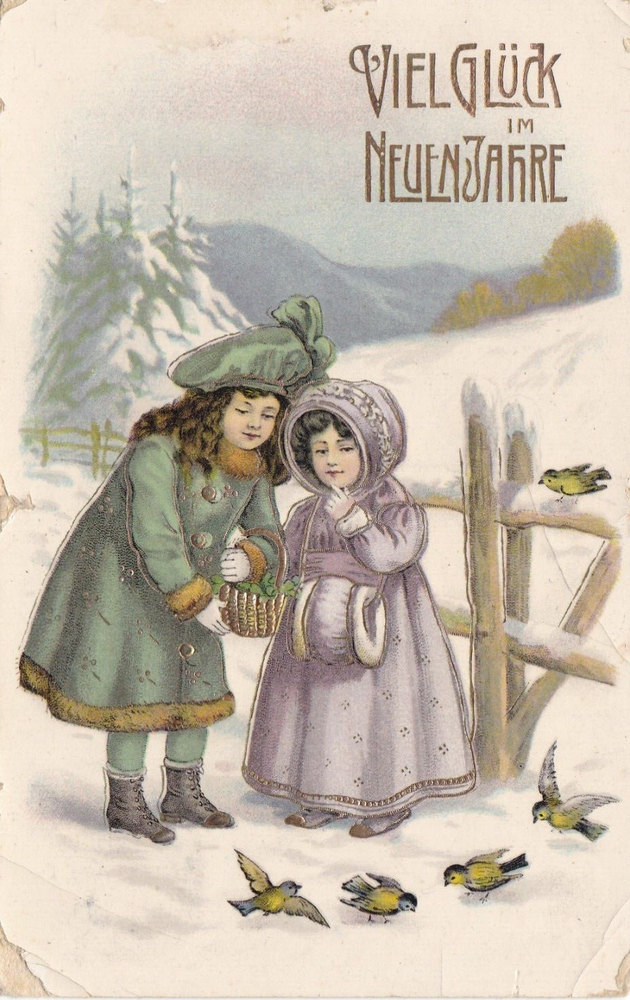 Postcard Good Luck In The New Year Children Feeding Birds Ancient Embossed Postcard-image