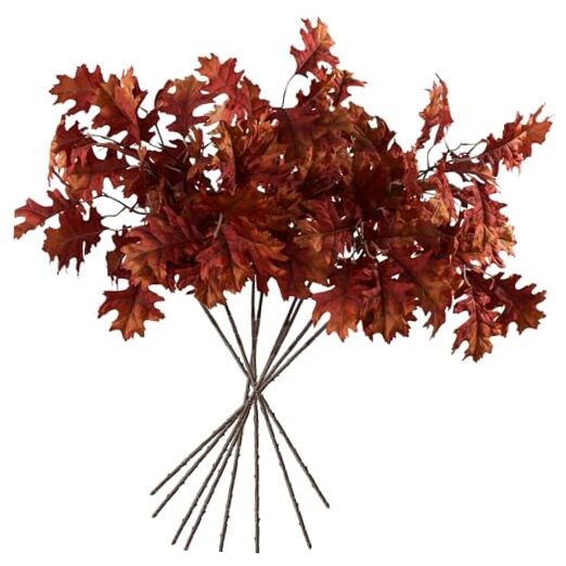 Artificial Fall Oak Tree Leaves Stems 8 PCS, Fall Oak Leaves(orange-red)