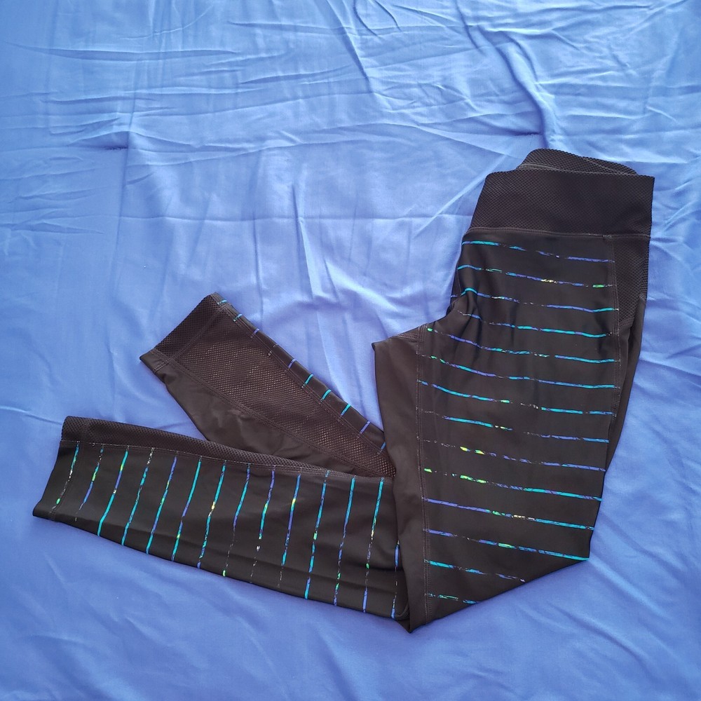 Athleta Mesh Panel High Waist Ankle Leggings Size S Black Multicolor for Yoga Running Gym