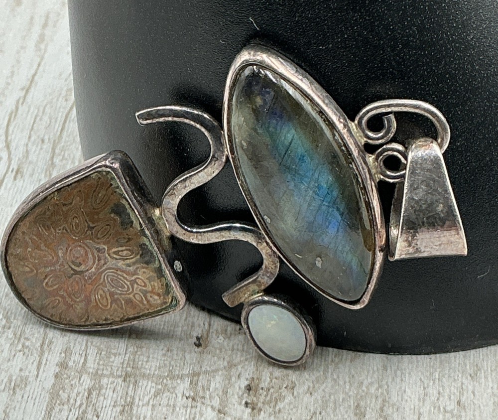 Vintage Modernist 950 Silver Labradorite & Moonstone Mixed-Gemstone Pendant