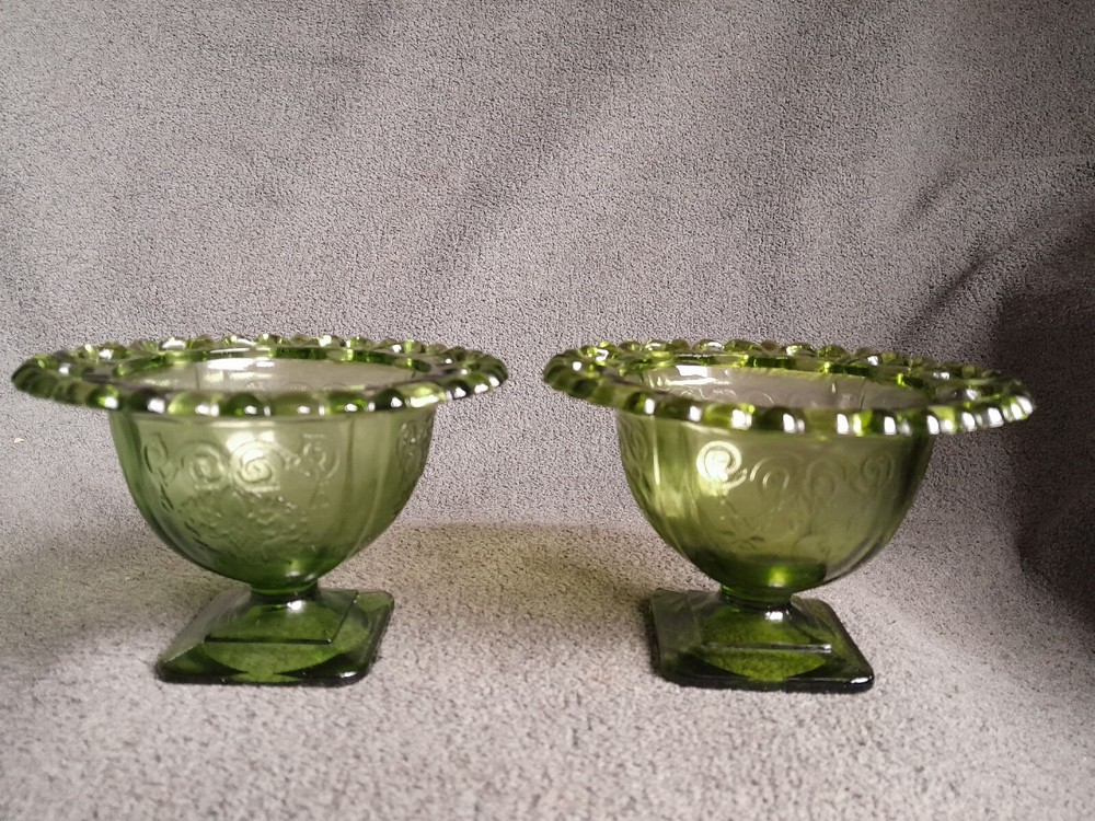 Vintage 1960s Indiana Glass Laced Lorraine Avocado Green Pedestal Dish Set of 2