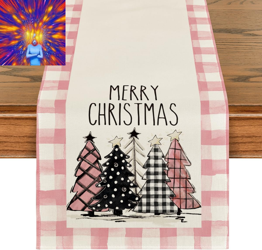 Watercolor Pink Buffalo Plaid Christmas Trees Merry Xmas Table Runner, Seasonal