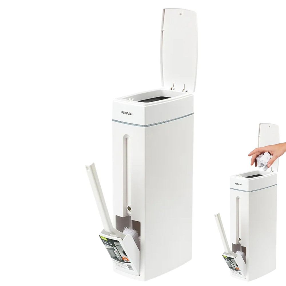 Trash Can With Toilet Brush Holder Garbage Can Press Top Lid For Bathroom White