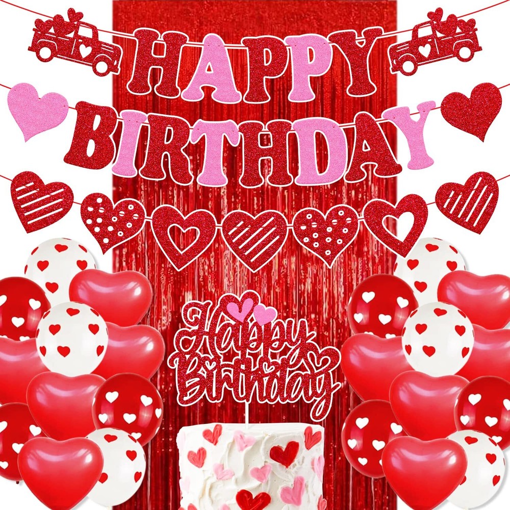 27 PCS Valentine's Birthday Decorations Happy Birthday Banner Valentine's Bda...