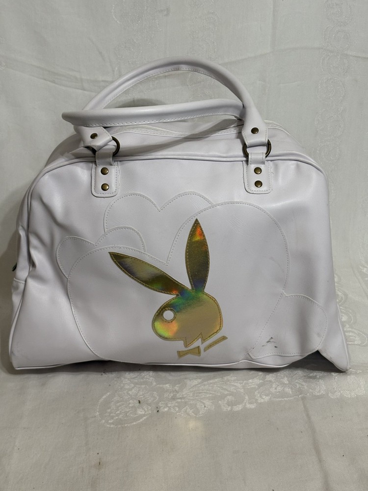 Vintage Y2K Playboy Bunny White & Gold Mini Bowler Bag Purse Handbag