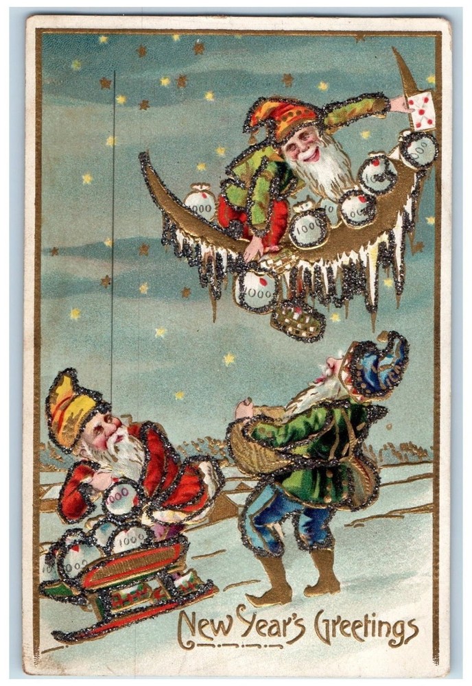 c1910's New Year Elves Gnomes Fantasy Sled Good luck Crescent Moon Postcard-image