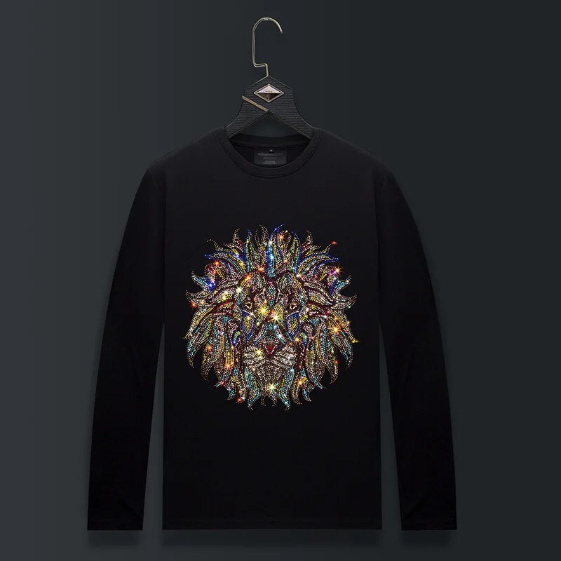 Fashion Lion Trend Rhinestone Long Sleeve Luxury  Men T-Shirt Plus Size 6XL