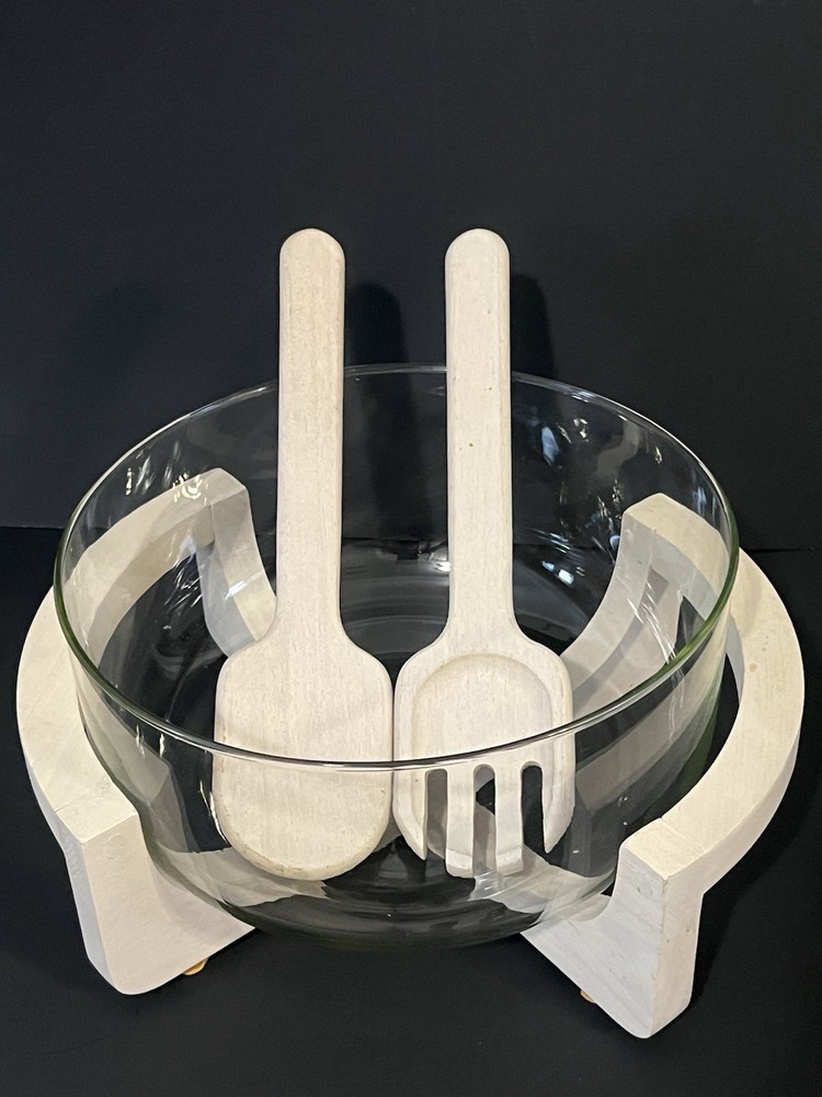 Wooden Base Salad Bowl Set with Large Serving Utensils