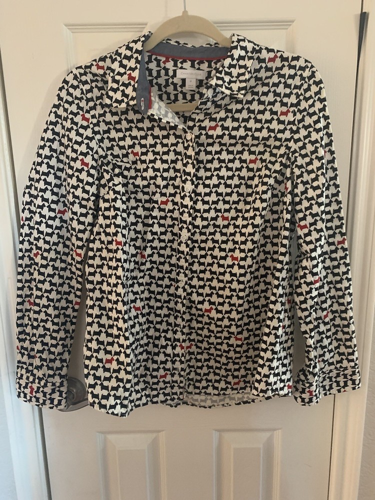 Charter Club Size Petite M Black White Red Scottie Dog Print Button Front Top