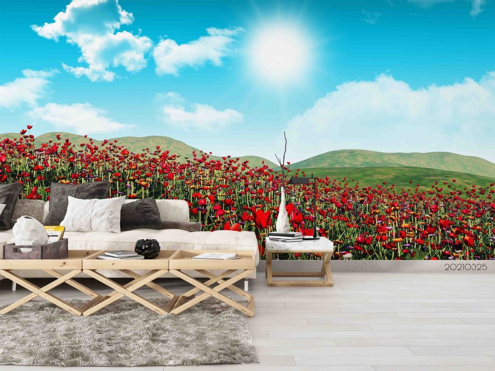 3D Sky Poppy Field Landscape Wall Murals Wallpaper Murals Wall Sticker