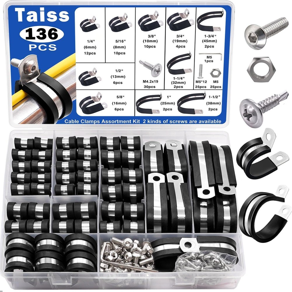 136-Piece Stainless Steel Cable Clamp Kit with Rubber Cushions in 10 Sizes
