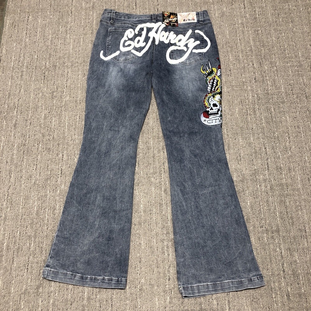 Ed Hardy New York City Skull Slim Flare Jeans Women Size 34 Blue Y2K Embroidered