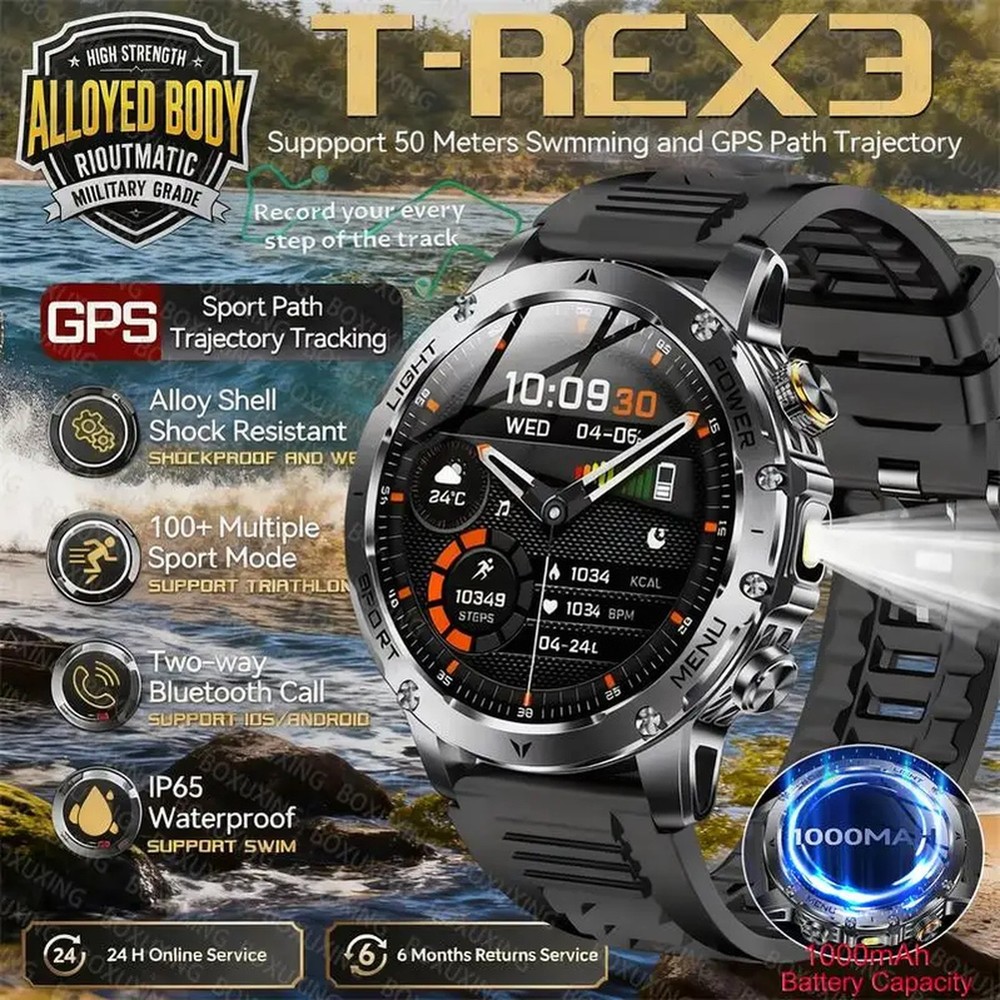 Rugged Round Smartwatch with IP68 Waterproofing, Flashlight