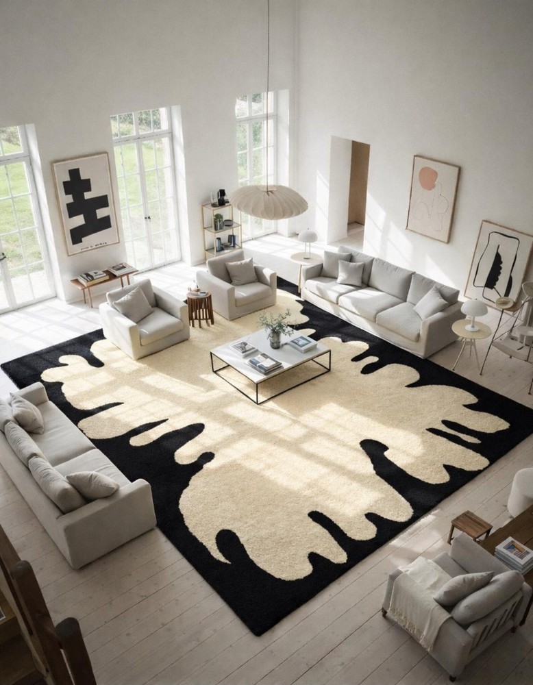 Abstract Organic Shape Rug | Handmade Tufted Cream & Black Area Carpet