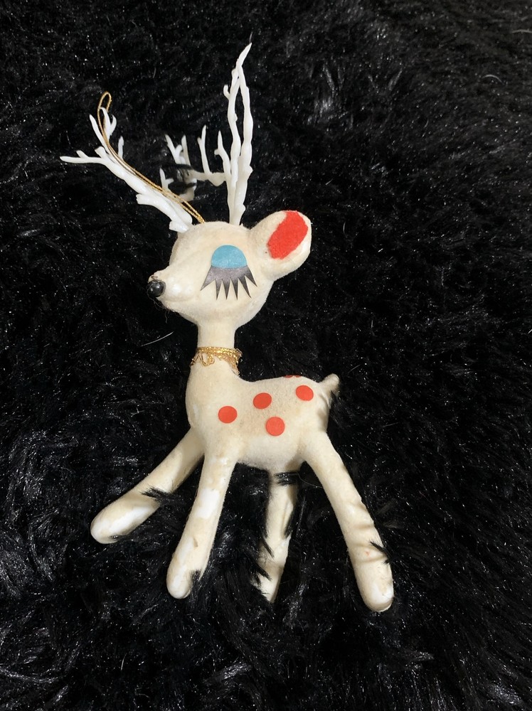 Vintage White flocked Reindeer Ornament Figurine 5