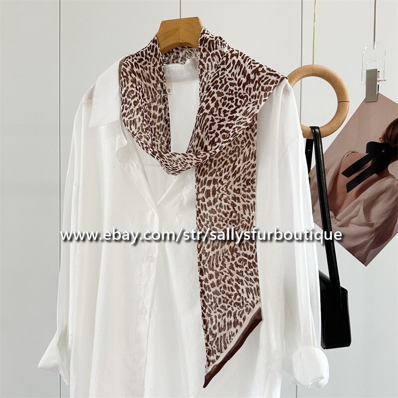 Sallys 100% Chiffon Silk Scarf Leopard Print 2 Layer Ribbon Necktie 180*10cm