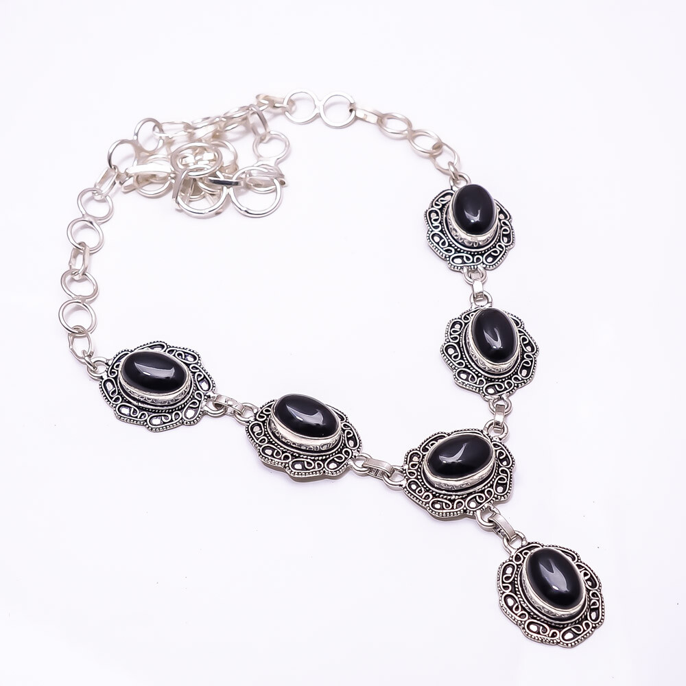 Natural Black Onyx Fine Art 925 Sterling Slver Necklace 17-19