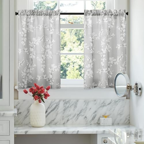 Blossom Print Tier Kitchen Curtains 26x24 Inches 2-Pack Grey Branch Design  