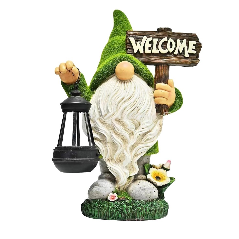 Large Flocked Resin Garden Gnome Statue for Outdoor Decor with Solar Light