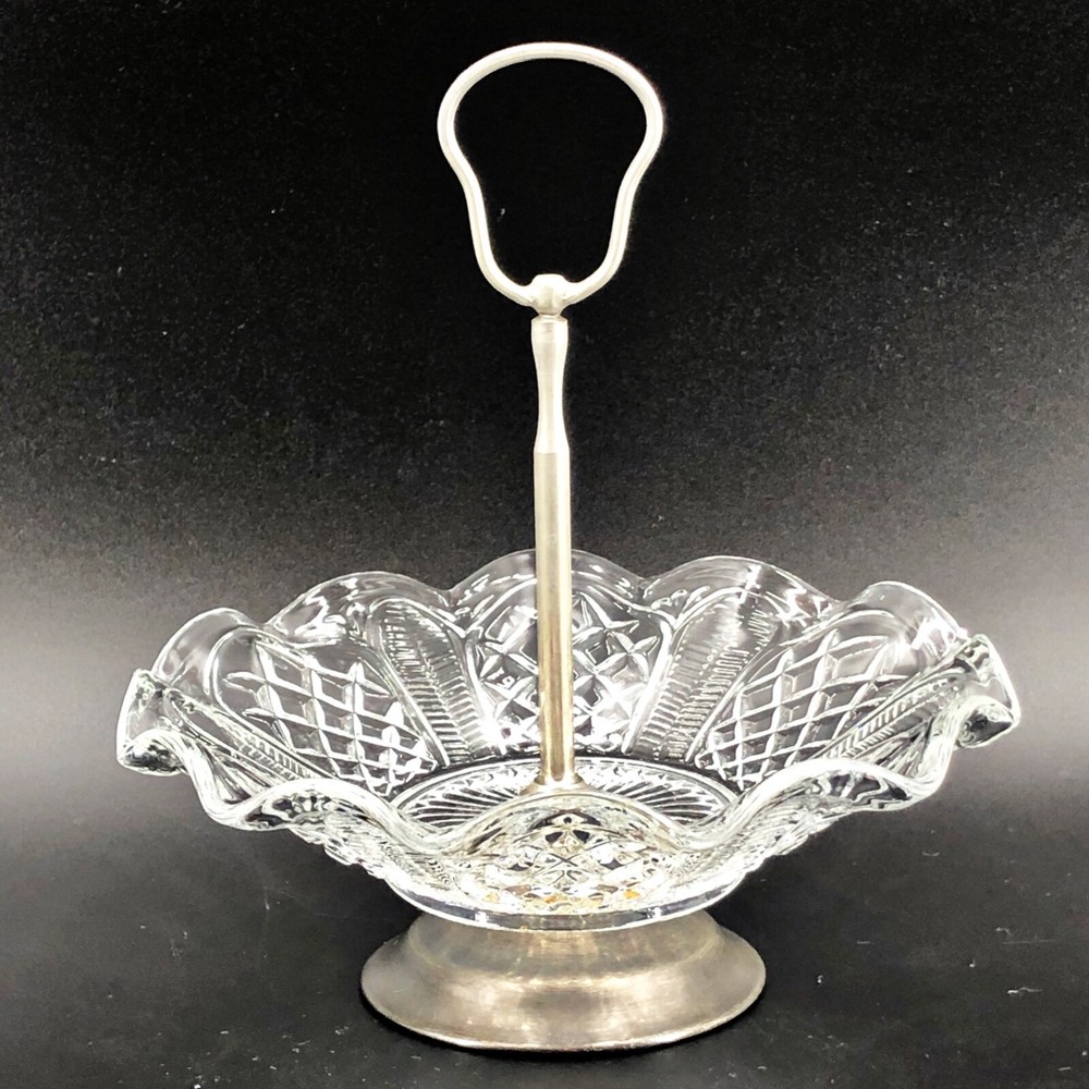 Vintage Clear Crystal Nut Bowl with Metal Handle and Base  
