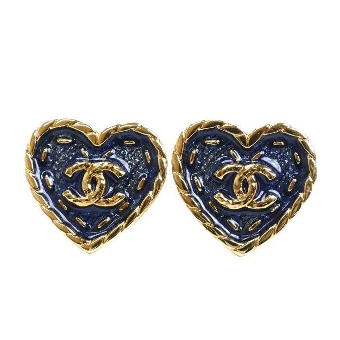CHANEL Coco Mark Heart Earrings Gold Navy Metal Authentic With Box