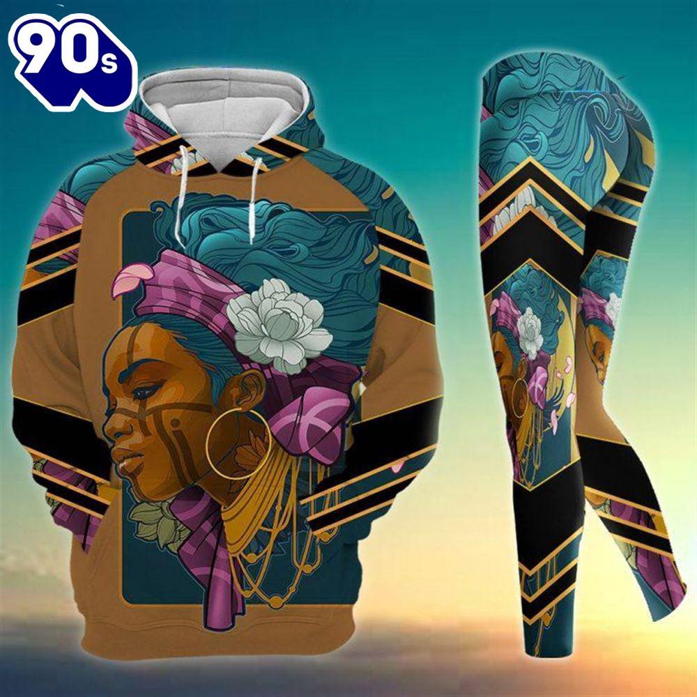 Black Girl African American All Over Print Leggings Hoodie Set Outfit For Women