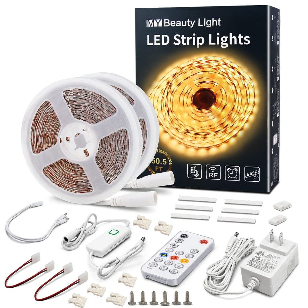 50.5ft Warm White LED Strip Lights with Dimmable RF Remote Control