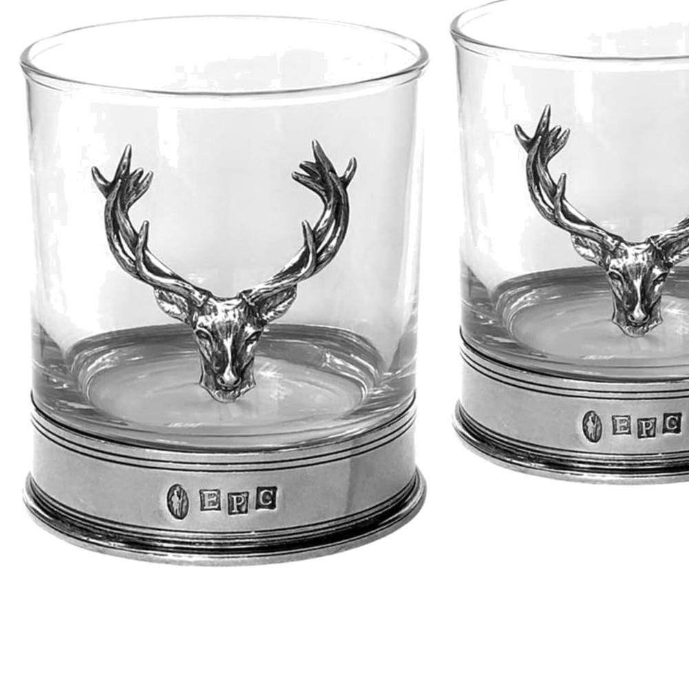 Elegant 11oz Old Fashioned Whisky Glass Set with Pewter Stag Embellishment