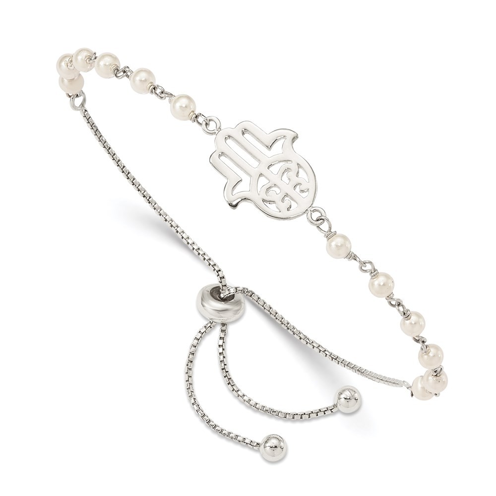 Sterling Silver Hamsa with Simulated Pearl Adjustable Bracelet 9