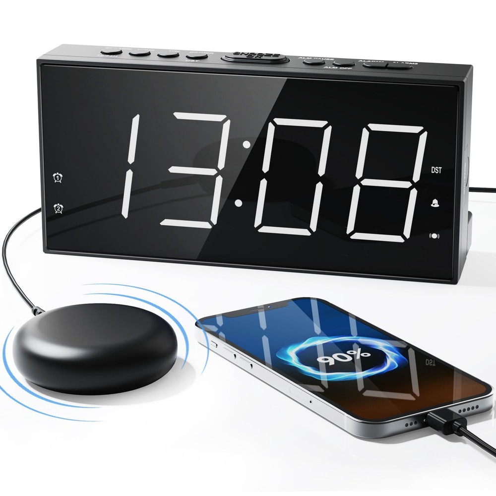 Heavy Sleeper Alarm Clock with Bed Shaker - Dual Vibrating Alarms & USB Charging