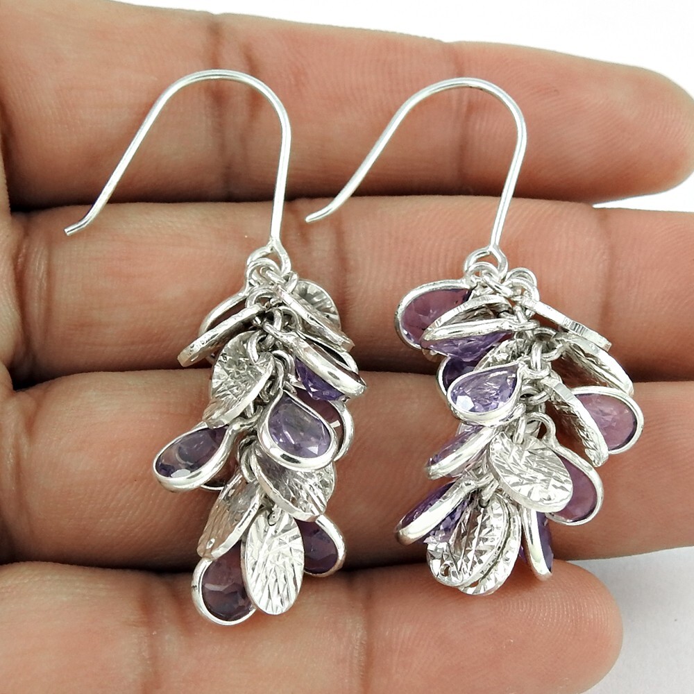 925 Sterling Silver Pear Amethyst Gemstone February Dangle Drop Earrings Jewelry