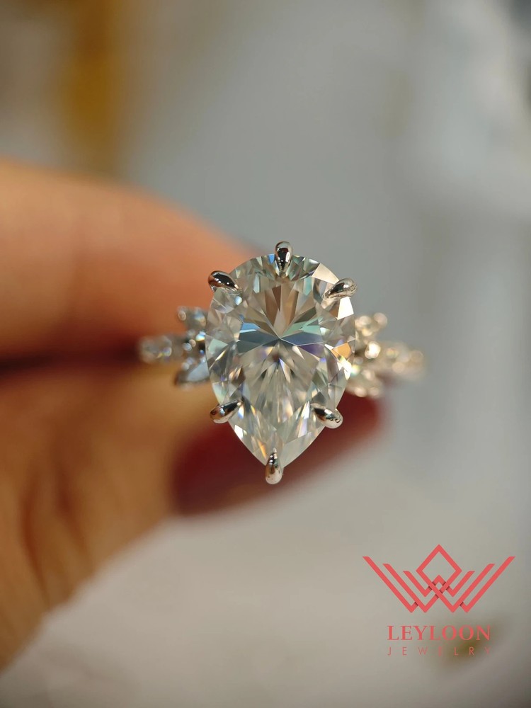 5 Carat Brilliant Pear Cut Moissanite D Colorless Hidden Halo 10K Gold Ring
