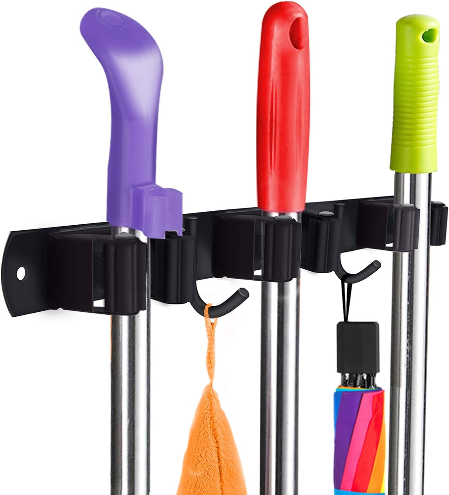Heavy-Duty Black Stainless Steel Wall Mount Broom Holder for 1-4 Cm Diameter Handles