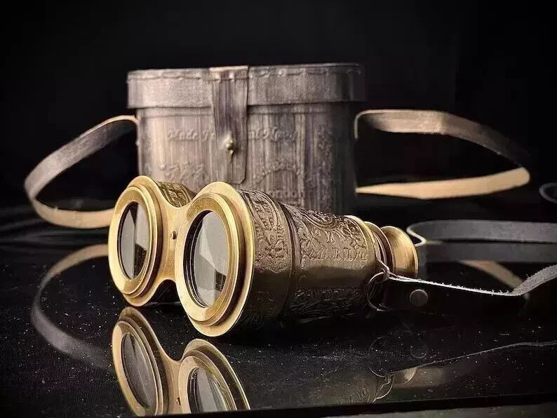 Antique Brass Binoculars with Leather Case for Vintage Nautical Décor and Collectors