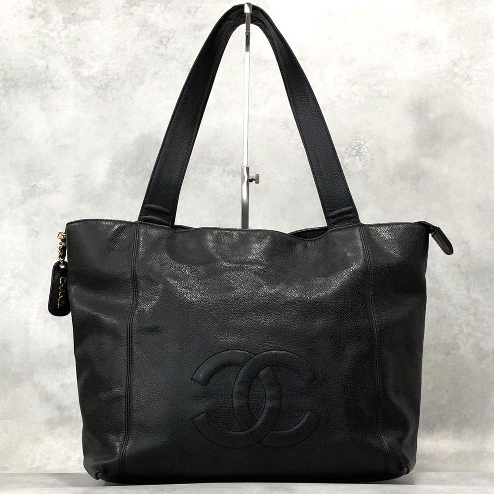 Chanel Caviar Skin Coco Mark Tote Bag Black Shoulder A4